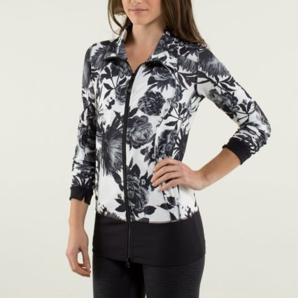 Lululemon Nice Asana Jacket Brisk Bloom Floral Full Zip Black White Size 4 - Picture 1 of 8